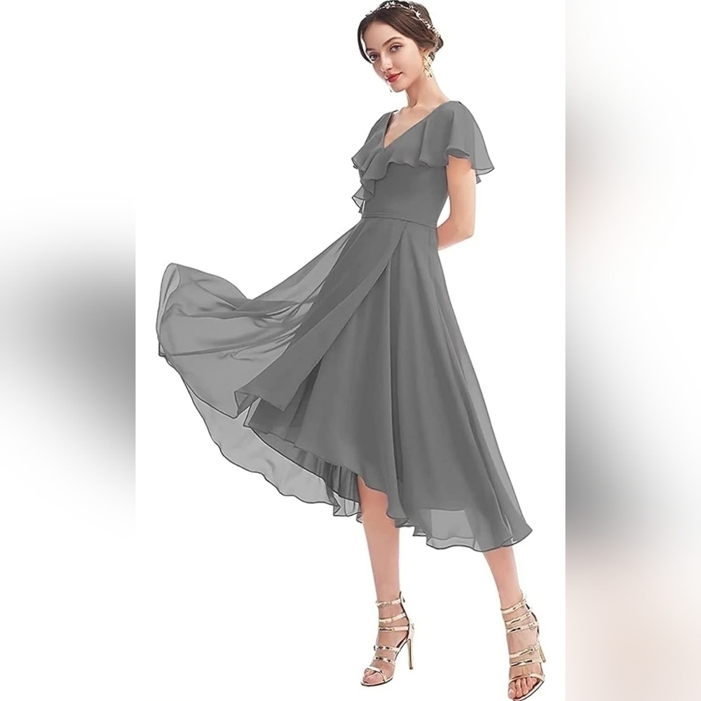 Loyeloy Grey Chiffon Flutter Trimmed Midi High Low Formal Dress Size: 6